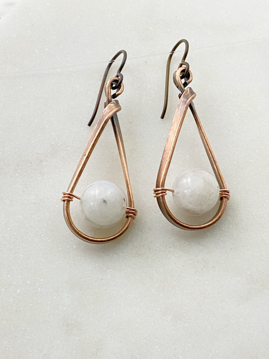 Copper teardrop hoops with moonstone