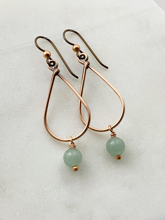 Copper teardrop hoop earrings with aventurine
