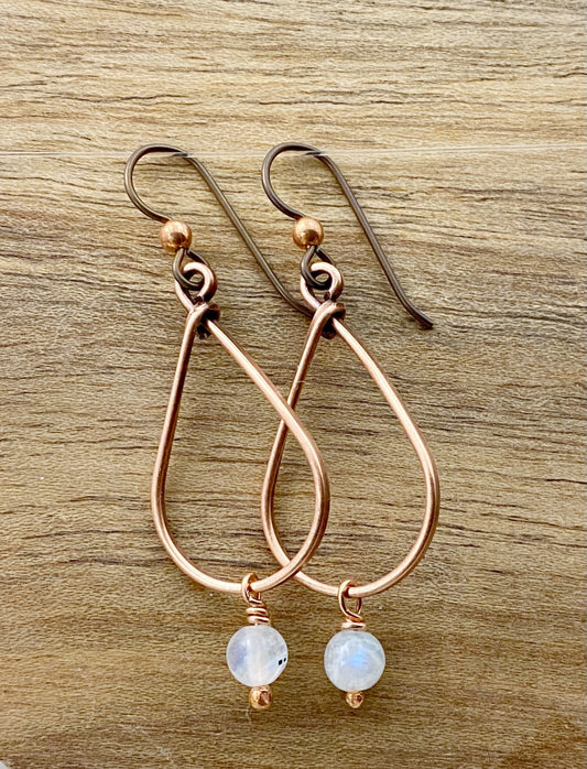 Copper teardrop hoop earrings with moonstone