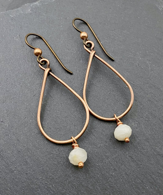 Copper teardrop hoop earrings with moonstone