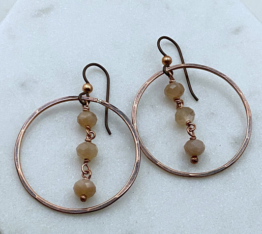 Copper and moonstone hoop earrings