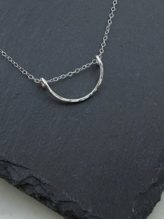 Forged sterling silver wire half moon necklace