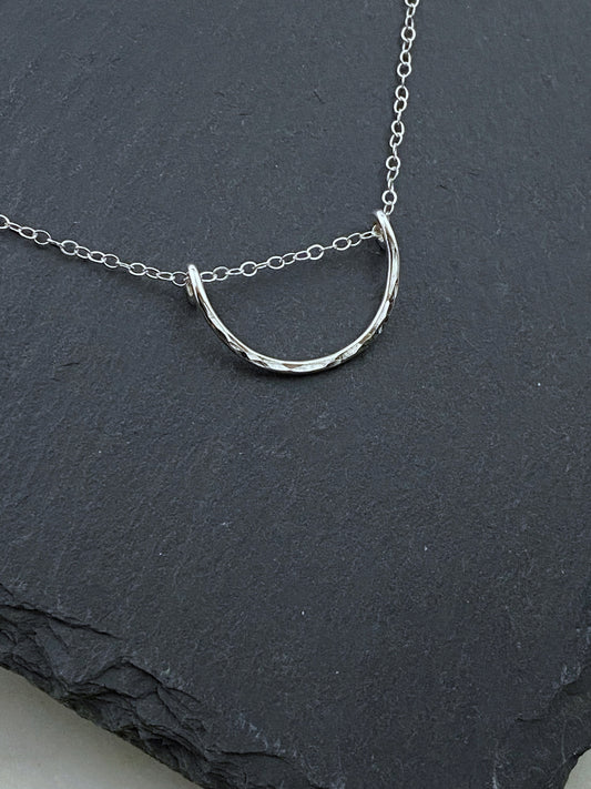 Forged sterling silver wire half moon necklace