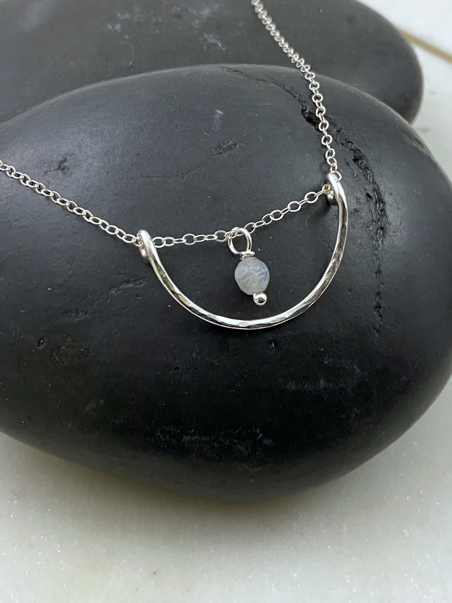 Forged sterling silver wire half moon necklace with rainbow moonstone