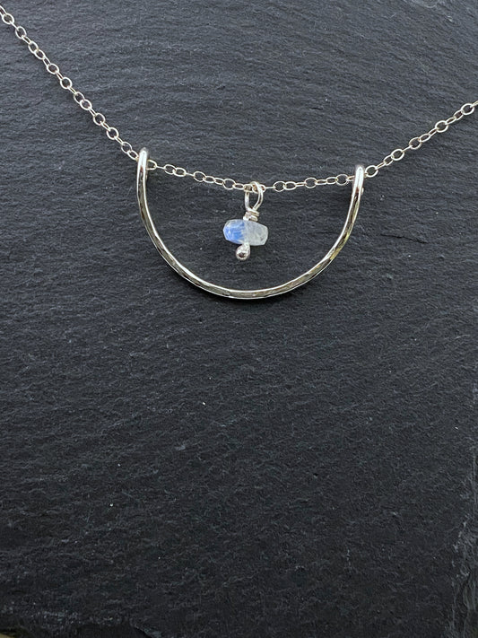 Forged sterling silver wire half moon necklace with rainbow moonstone