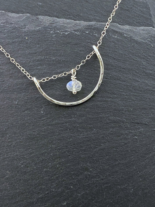 Forged sterling silver wire half moon necklace with rainbow moonstone