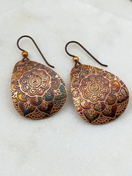 Acid etched copper leaf medium teardrop earrings