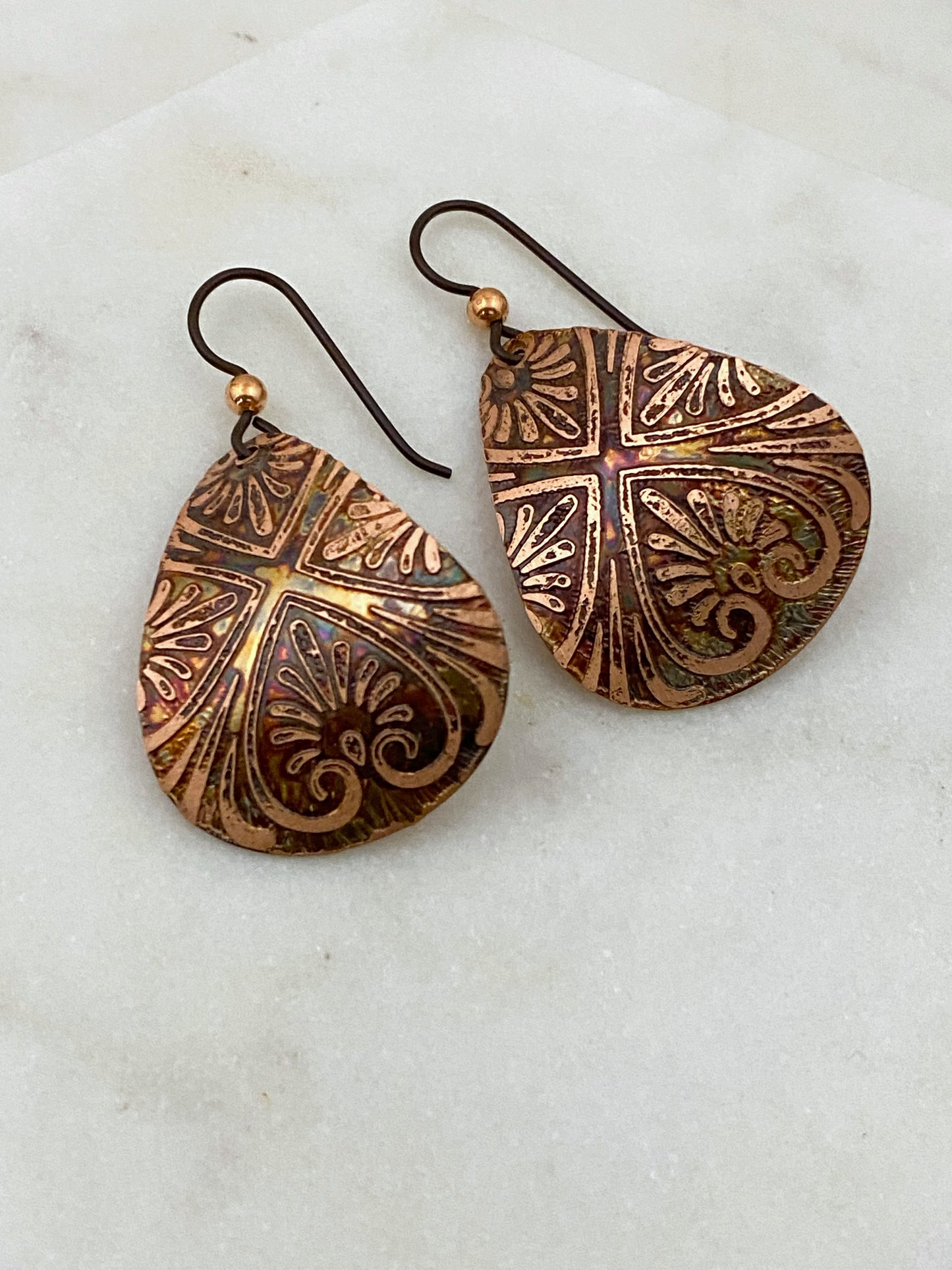 Acid etched copper medium teardrop earrings