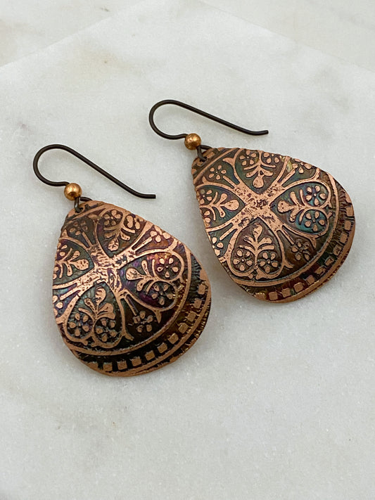 Acid etched copper medium teardrop earrings