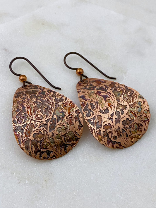 Acid etched copper leaf medium teardrop earrings