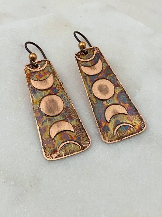 Acid etched copper moon phase earrings