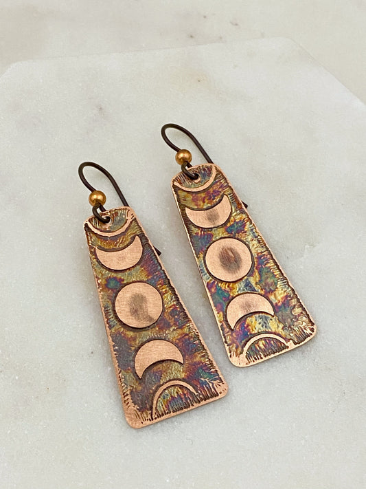 Acid etched copper moon phase earrings