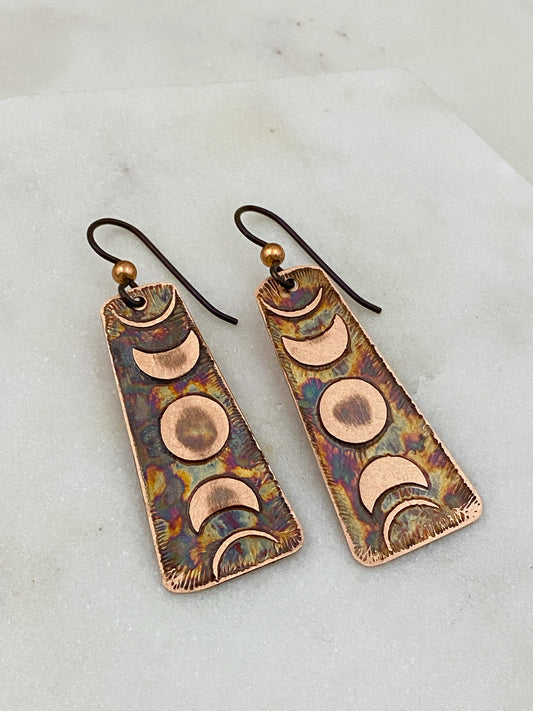 Acid etched copper moon phase earrings