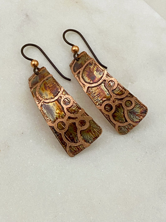 Acid etched copper irregular rectangle earrings