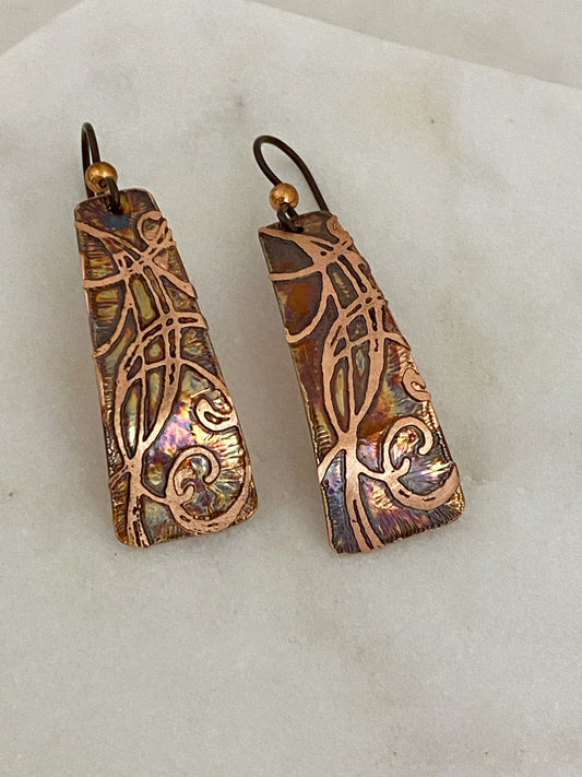 Acid etched copper irregular rectangle earrings