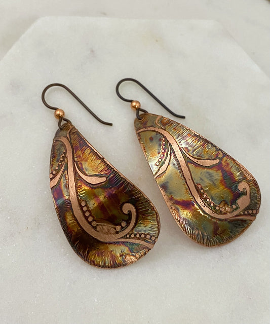 Large acid etched copper teardrop earrings