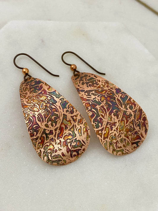 Large acid etched copper teardrop earrings