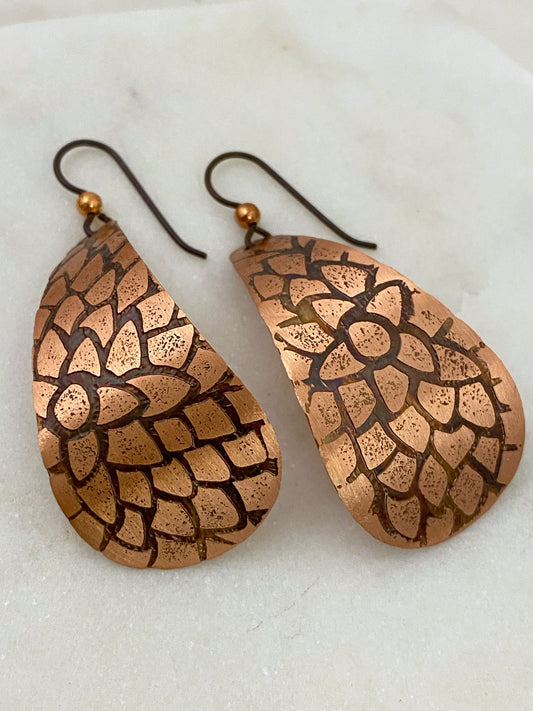 Large acid etched copper teardrop earrings