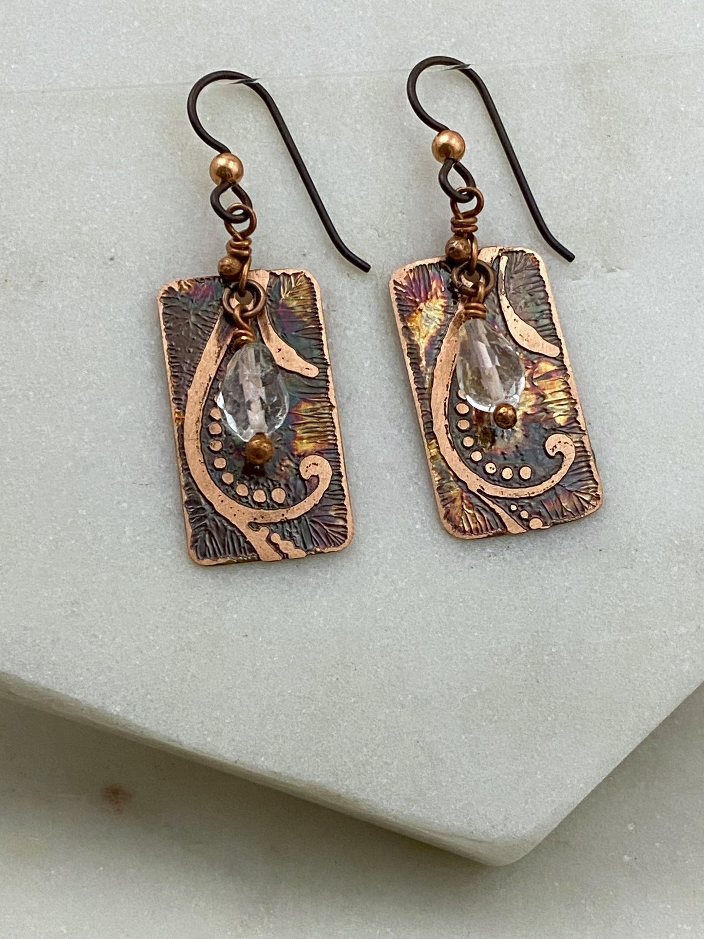 Acid etched copper earrings with quartz