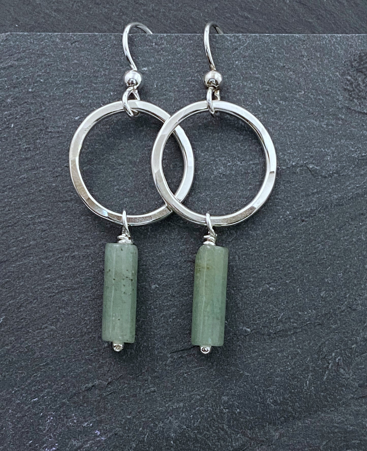 Sterling silver forged hoop earrings with aventurine gemstones