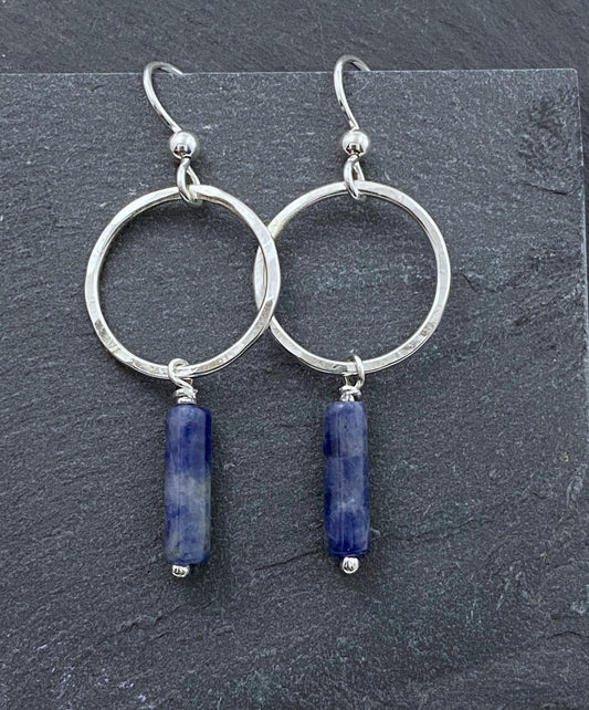 Sterling silver forged hoop earrings with sodalite gemstones
