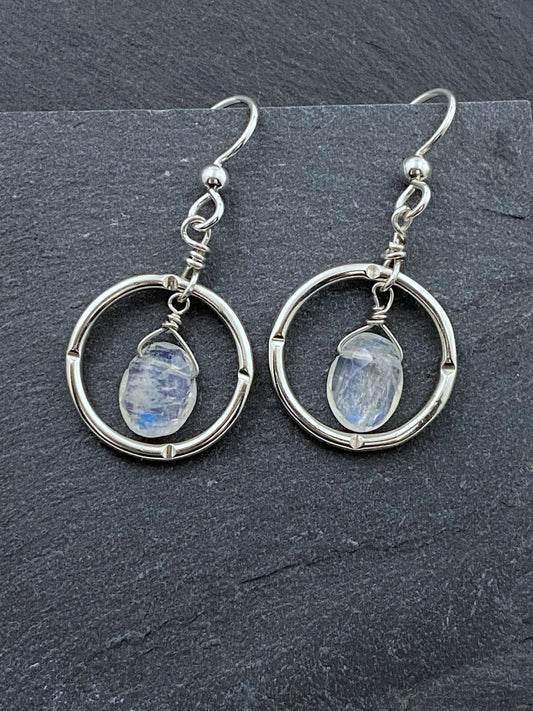 Sterling silver forged hoop earrings with moonstone gemstones