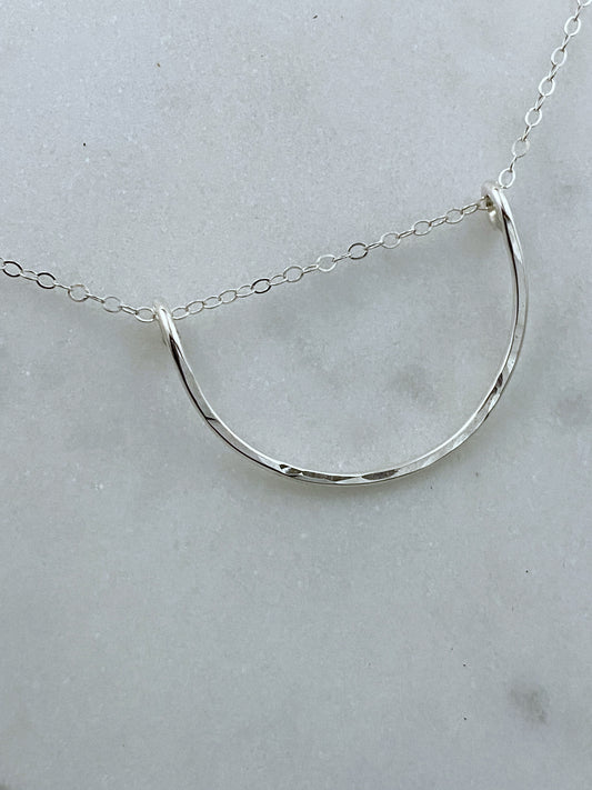 Forged sterling silver wire half moon necklace