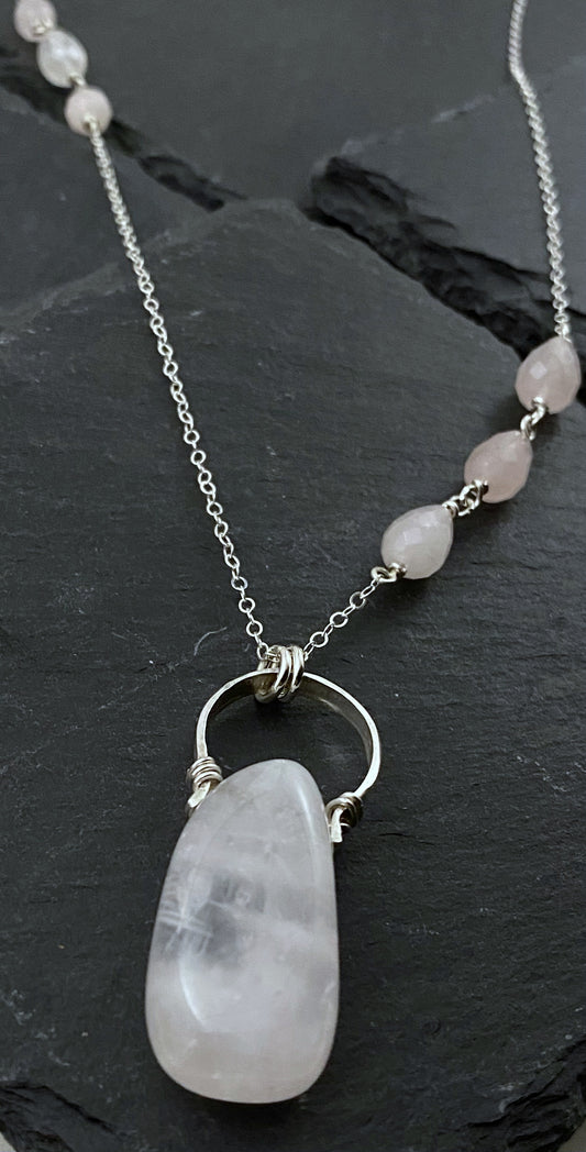 Forged sterling silver necklace with rose quartz