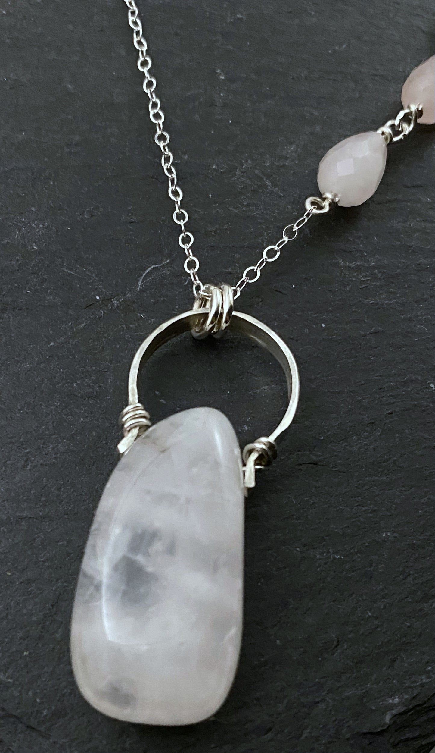 Forged sterling silver necklace with rose quartz