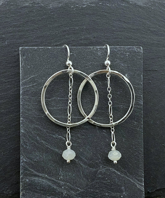Sterling silver forged hoop earrings with moonstone