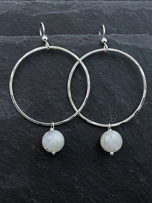 Sterling silver forged hoop earrings with moonstone