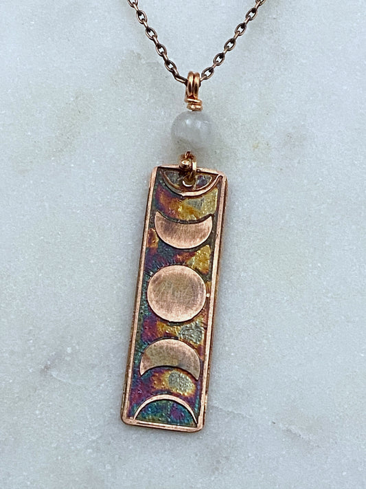 Moon phase acid etched copper necklace with moonstone gemstone