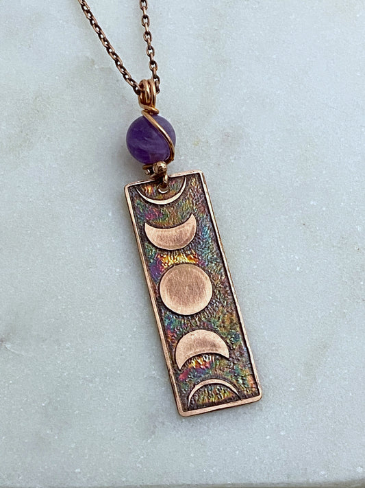 Moon phase acid etched copper necklace with amethyst gemstone