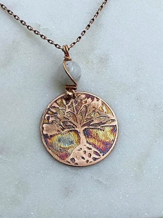 Tree acid etched copper necklace with moonstone gemstone