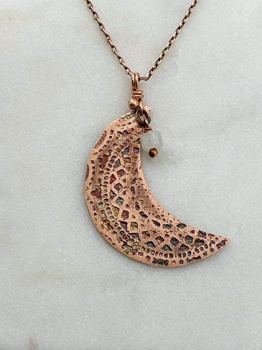 Crescent moon acid etched copper necklace with a moonstone gemstone