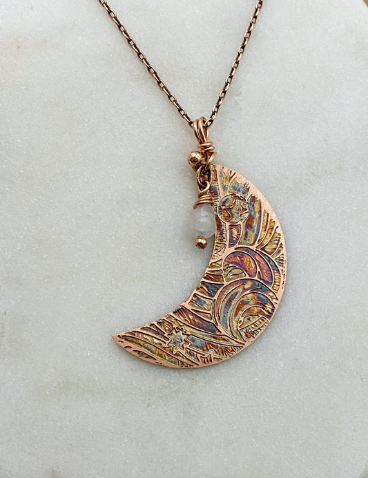 Crescent moon acid etched copper necklace with a moonstone gemstone