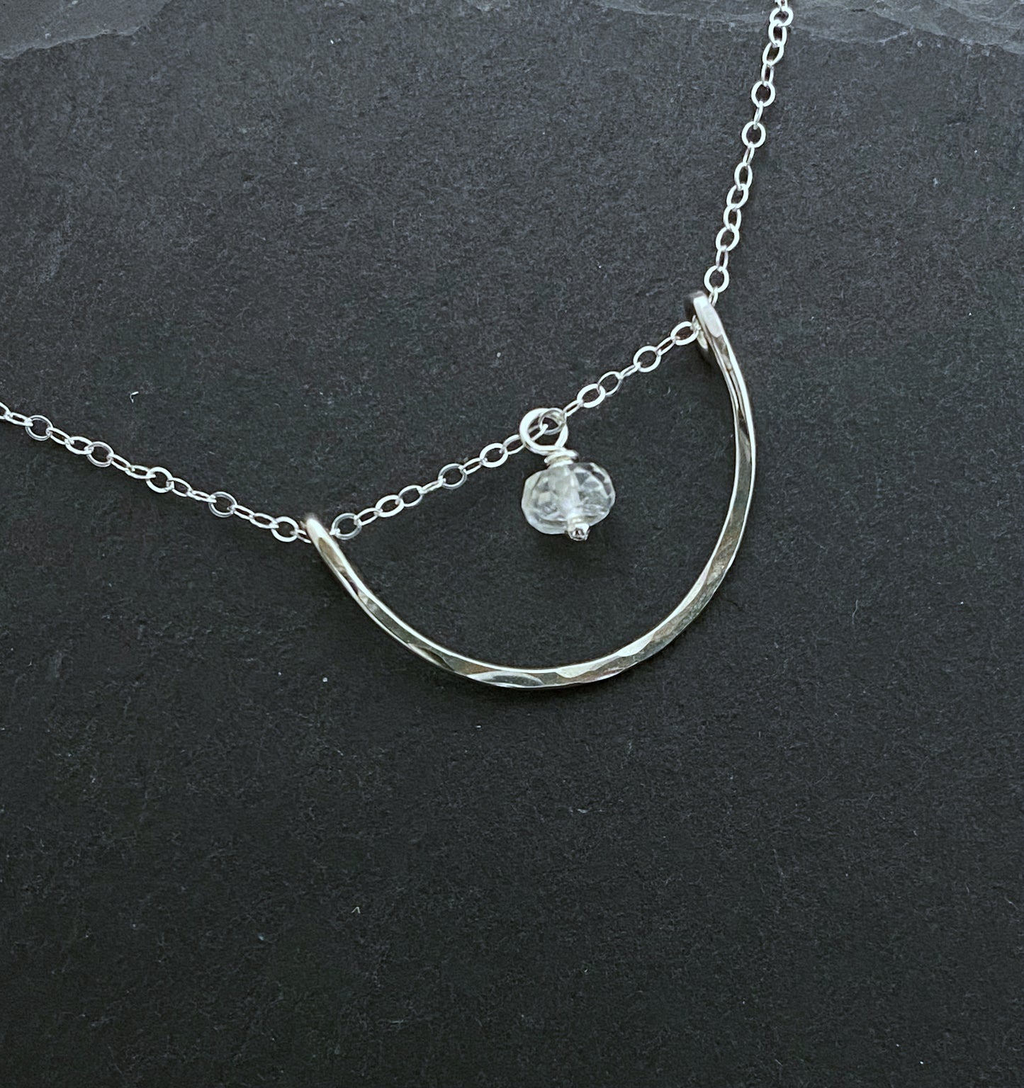 Forged sterling silver wire half moon necklace with rainbow moonstone