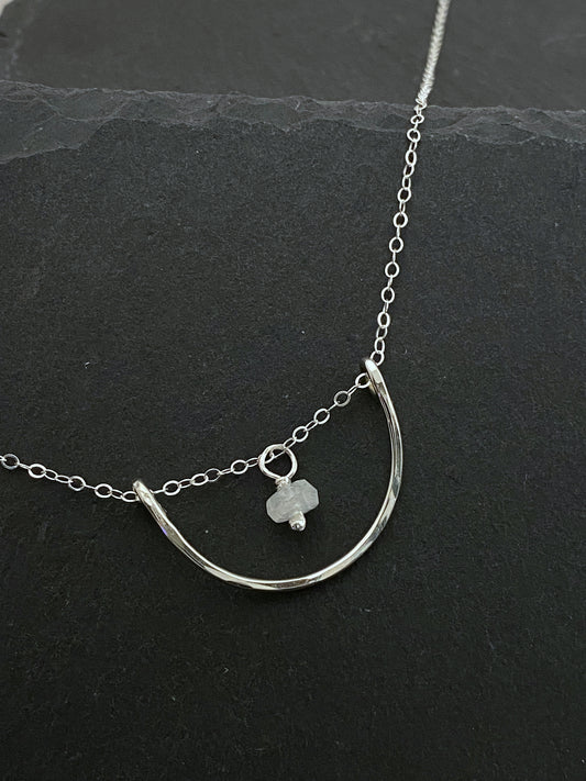 Forged sterling silver wire half moon necklace with rainbow moonstone