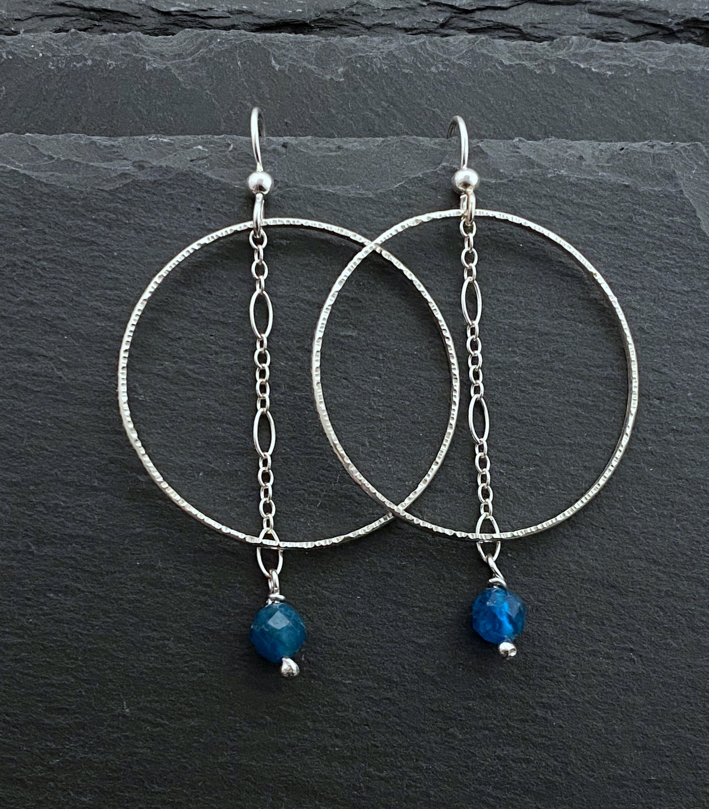 Sterling silver forged hoop earrings with apatite