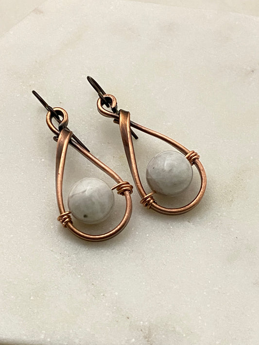 Copper teardrop hoops with moonstone