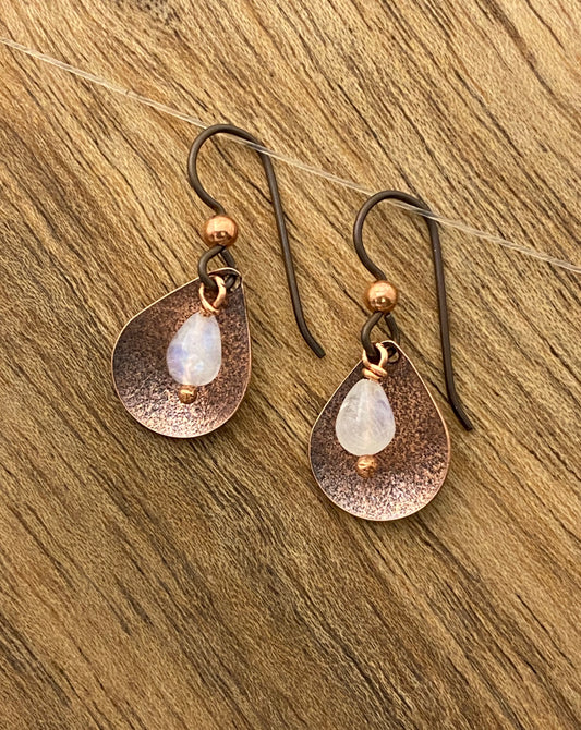 Forged copper teardrop earrings with moonstone