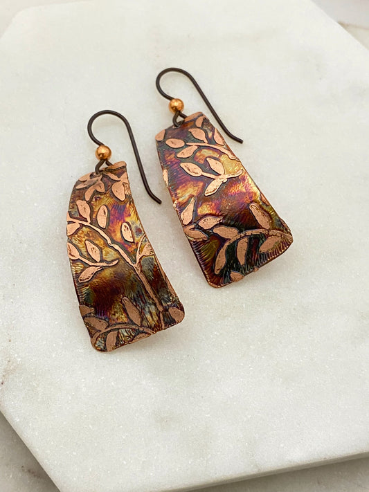 Acid etched copper irregular rectangle earrings