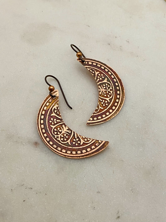 Crescent moon copper earrings