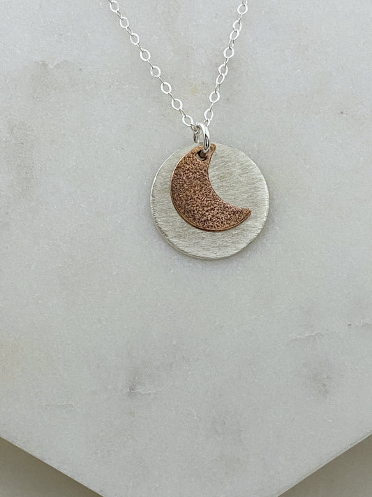 Sterling silver and copper moon necklace