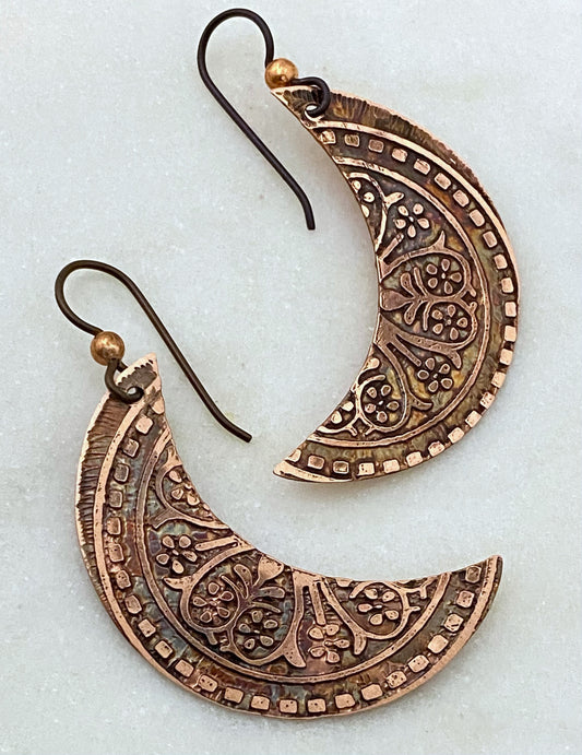 Crescent moon copper earrings