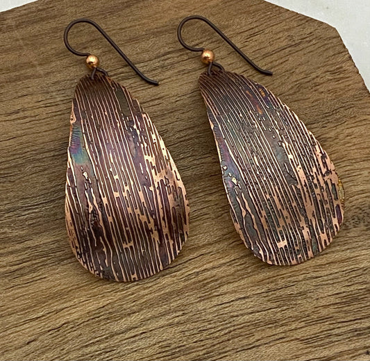 Large acid etched copper teardrop earrings