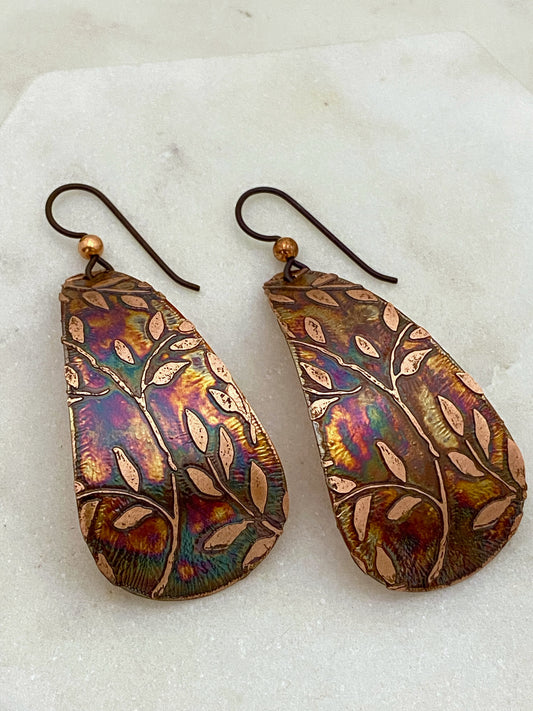 Large acid etched copper teardrop earrings