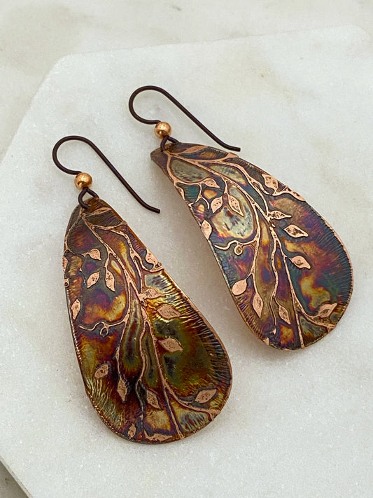 Large acid etched copper teardrop earrings