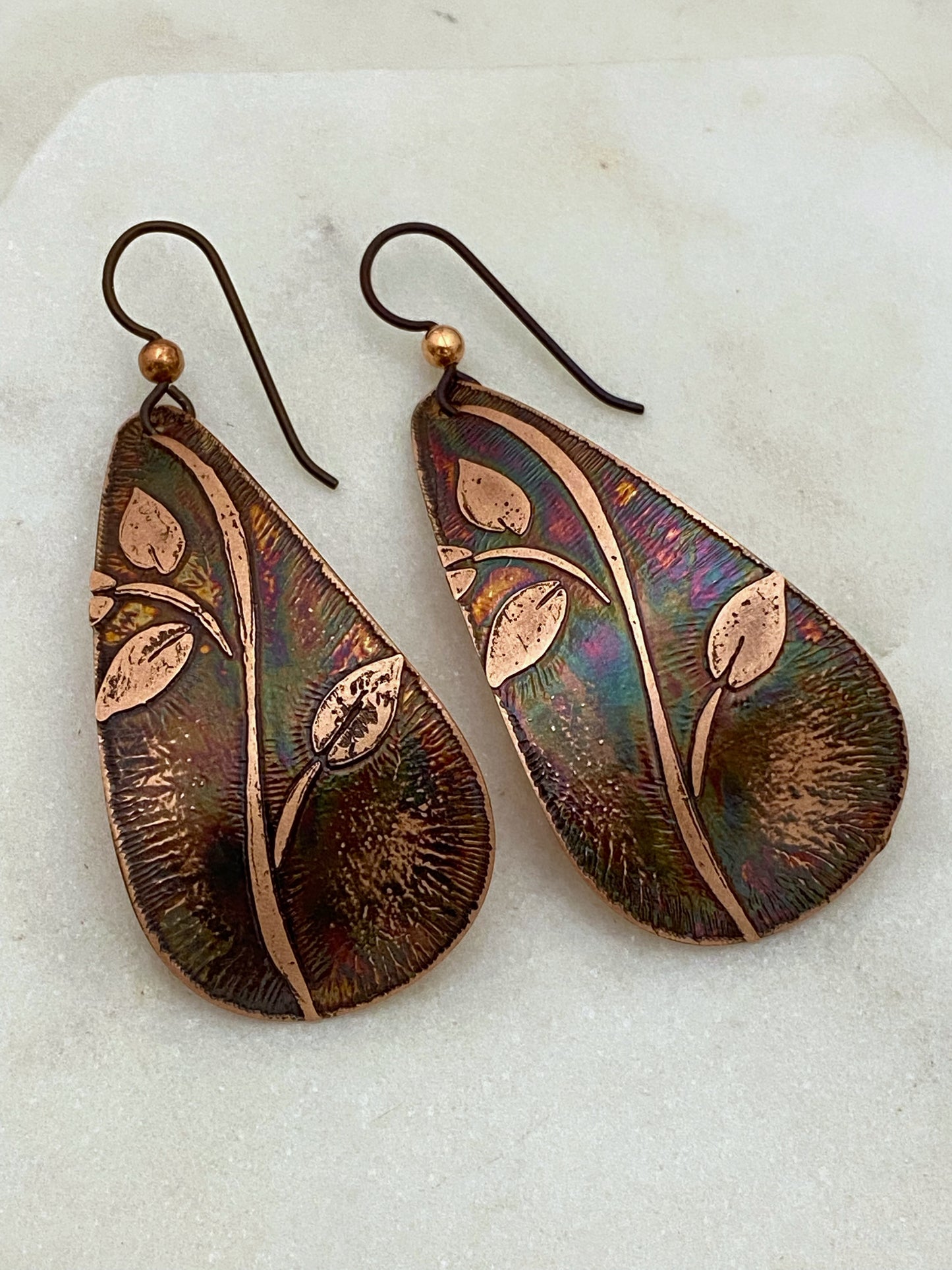 Large acid etched copper teardrop earrings