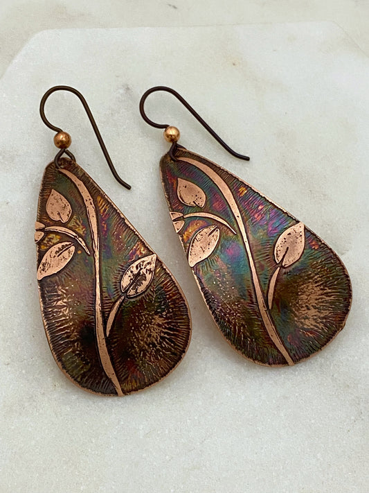 Large acid etched copper teardrop earrings